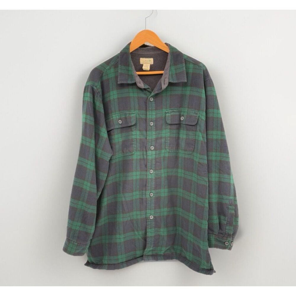 L.L. Bean Flannel Shirt Button Fleece Lined Men XL Blue Green Plaid Heavyweight
